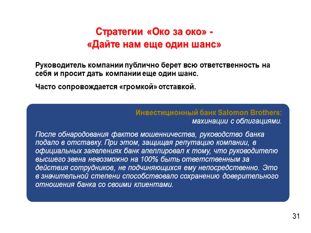 Стратегии «Око за око» - «Дайте нам еще один шанс» Руководитель компании публично берет